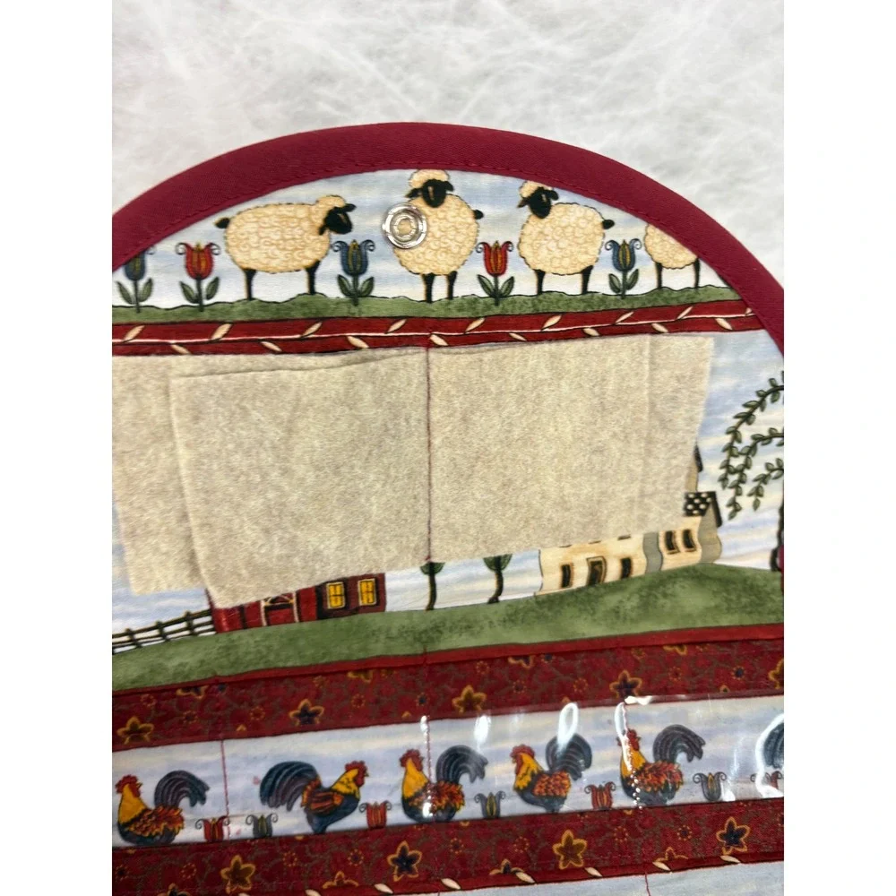 Vintage Handmade Quilted Sewing Organizer Folk Art Village Sheep Rooster Clutch